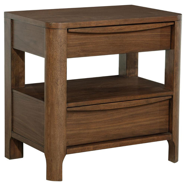 Rie Nightstand w 2 Drawers and Lower Shelf, Walnut Brown Poplar Wood