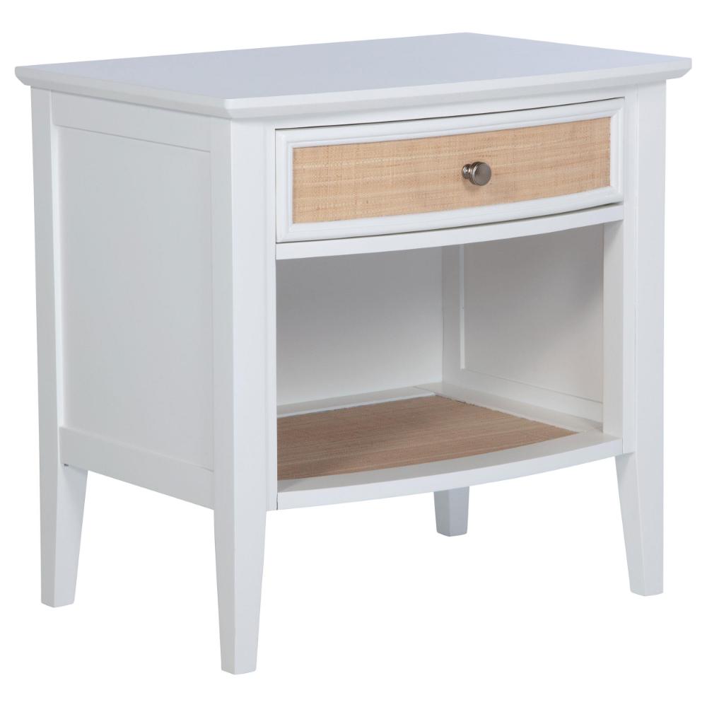 Heo Nightstand, 1 Brown Rattan Woven Drawer, Open Shelf, White Wood