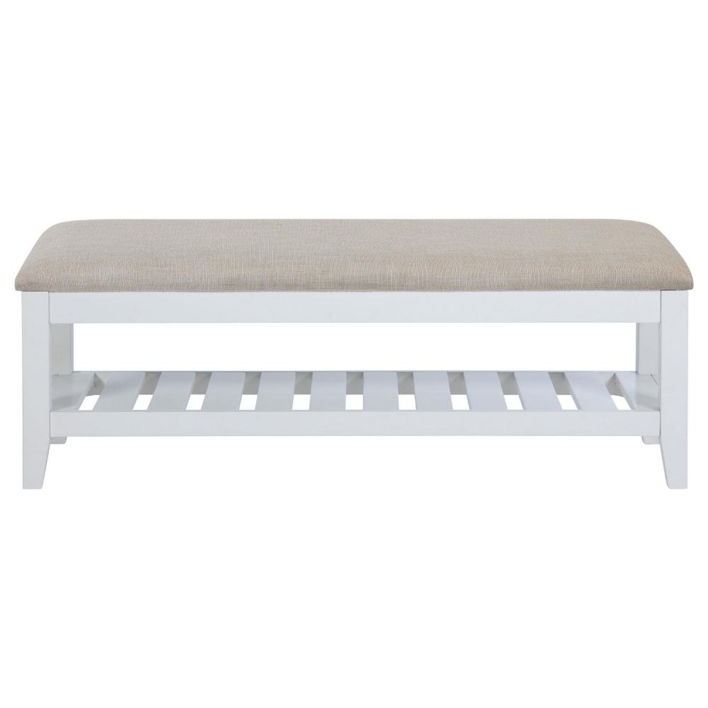 Heo Dining Bench, Slatted Shelf, Beige Padded Seat, 50 Inch White -BM328720