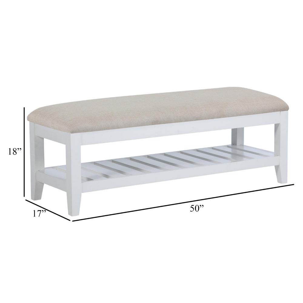 Heo Dining Bench, Slatted Shelf, Beige Padded Seat, 50 Inch White -BM328720