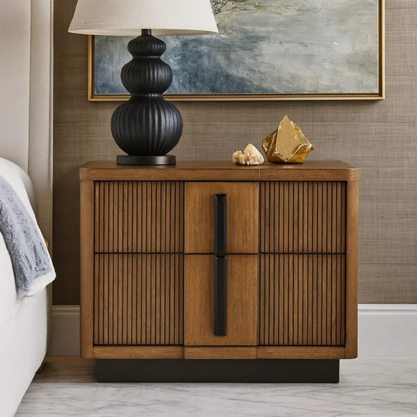 Reon Nightstand, 2 Drawers, Decorative Reeded Ash Brown Black Wood -BM328726
