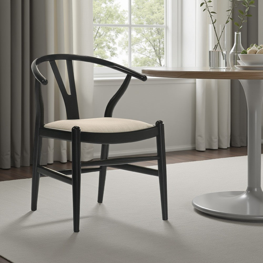Ellie Wishbone Dining Chair Set of 2, Beige Fabric, Black Hardwood -BM328731