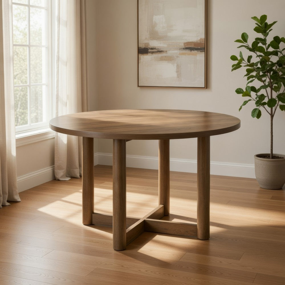 Billie Dining Table, Brown Wood Frame, Cross Legs, Round 46 Inch -BM328734