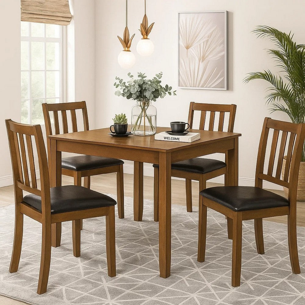 Panos 5pc Dining Table Set with 4 Chairs, Brown, Black Faux Leather -BM328752