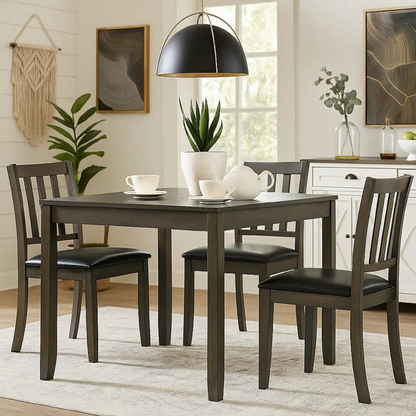 Panos 5pc Dining Table Set with 4 Chairs, Gray, Black Faux Leather -BM328753