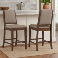 Patter Counter Height Chair Set of 2, Beige Fabric, Dark Brown 26 Inch -BM328765