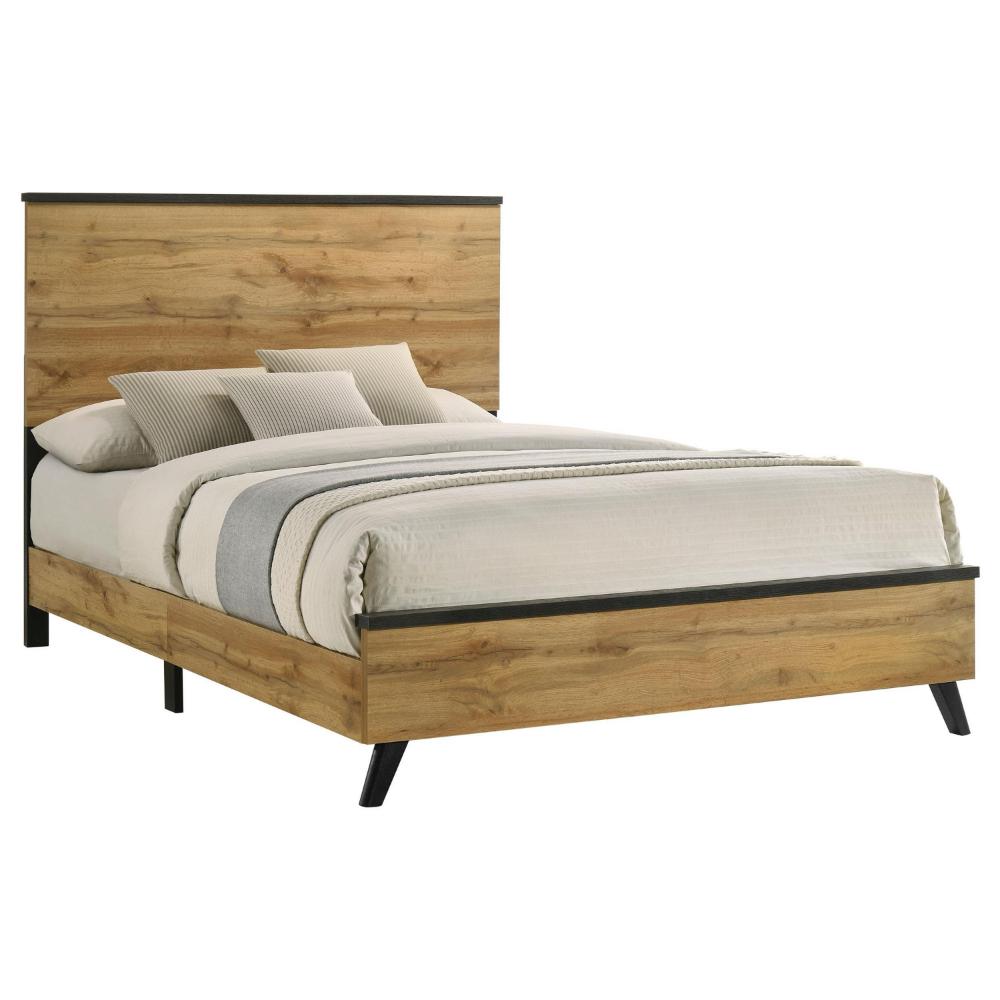 Wemy Queen Size Bed, Tall Panel Headboard, Natural Brown Pine Finish -BM328768