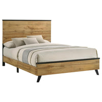 Wemy Queen Size Bed, Tall Panel Headboard, Natural Brown Pine Finish -BM328768