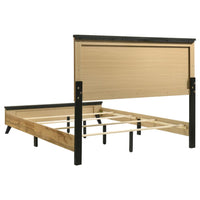 Wemy Queen Size Bed, Tall Panel Headboard, Natural Brown Pine Finish -BM328768