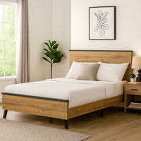 Wemy Queen Size Bed, Tall Panel Headboard, Natural Brown Pine Finish -BM328768