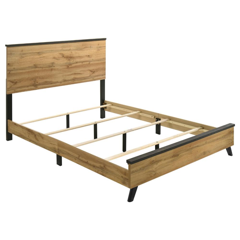 Wemy Queen Size Bed, Tall Panel Headboard, Natural Brown Pine Finish