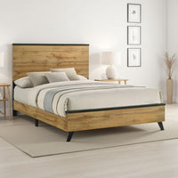 Wemy Full Size Bed, Tall Panel Headboard, Natural Brown Pine Finish -BM328770