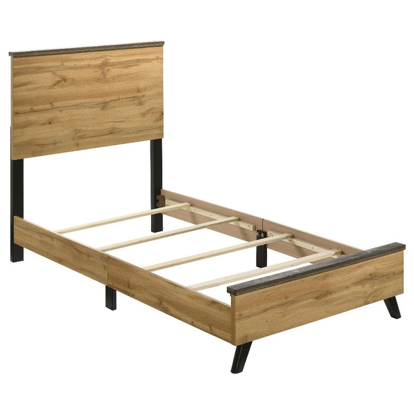 Wemy Twin Size Bed, Tall Panel Headboard, Natural Brown Pine Finish -BM328771