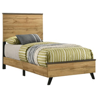 Wemy Twin Size Bed, Tall Panel Headboard, Natural Brown Pine Finish -BM328771