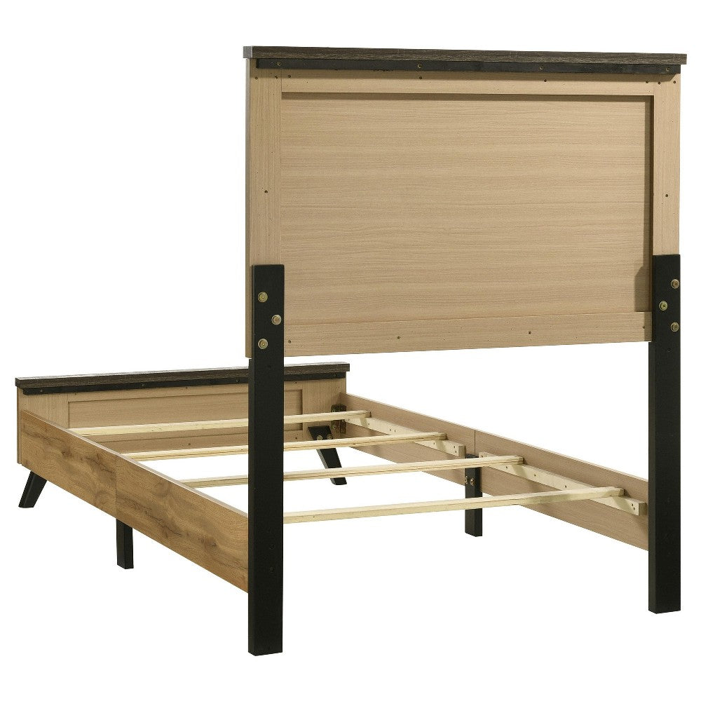 Wemy Twin Size Bed, Tall Panel Headboard, Natural Brown Pine Finish -BM328771