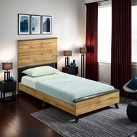 Wemy Twin Size Bed, Tall Panel Headboard, Natural Brown Pine Finish -BM328771