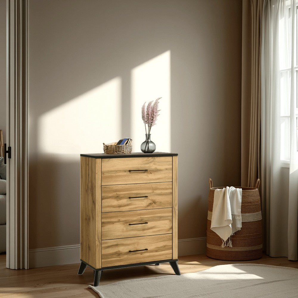 Wemy Tall Dresser Chest, 4 Drawers, Weathered Dark Brown Pine Wood -BM328774