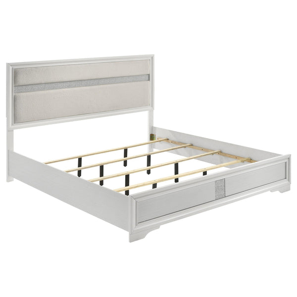 Vino King Size Bed, Panel Headboard, White Upholstery, Glitter Stripes-BM328808