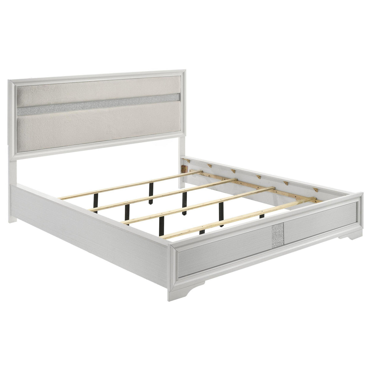 Vino California King Size Bed, Panel White Upholstery, Glitter Stripe-BM328809