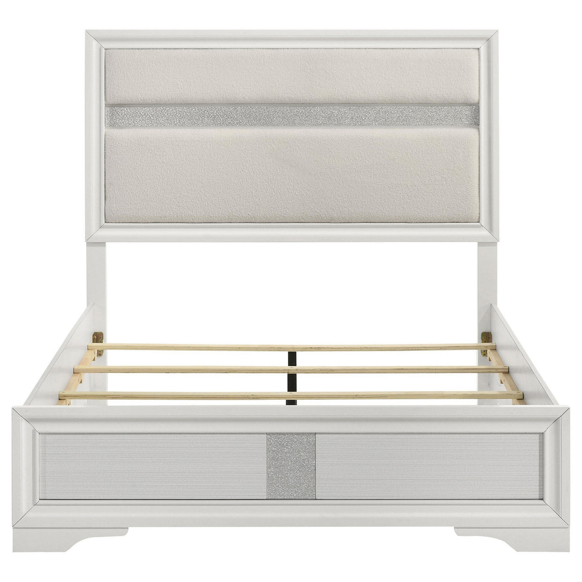 Vino Full Size Bed, Panel Headboard, White Upholstery, Glitter Stripes