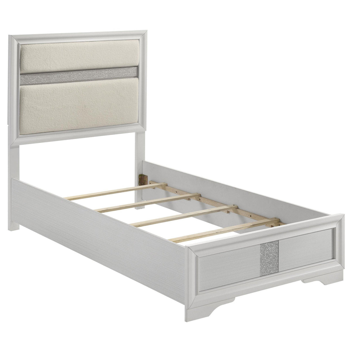 Vino Twin Size Bed, Panel Headboard, White Upholstery, Glitter Stripes-BM328811