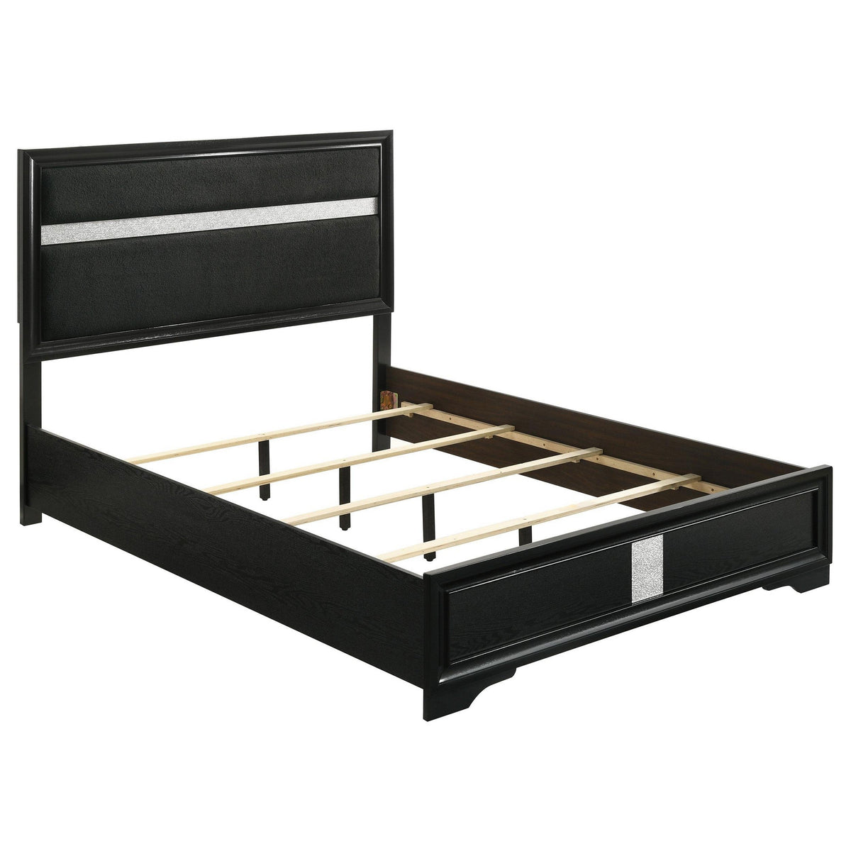 Vino Queen Size Bed, Panel Headboard, Black Upholstery, Glitter Stripe-BM328812