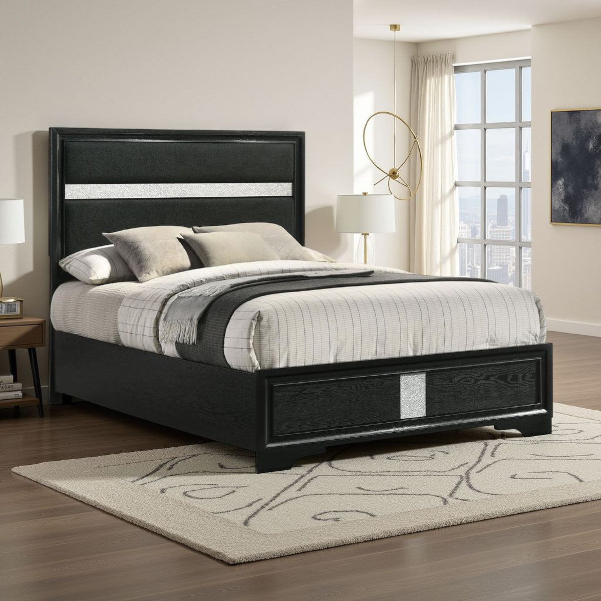 Vino California King Size Bed, Panel Black Upholstery, Glitter Stripe