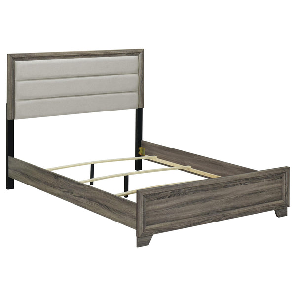 Reay Queen Size Bed, Panel Headboard, Brown Wood Tufted Tan Upholstery