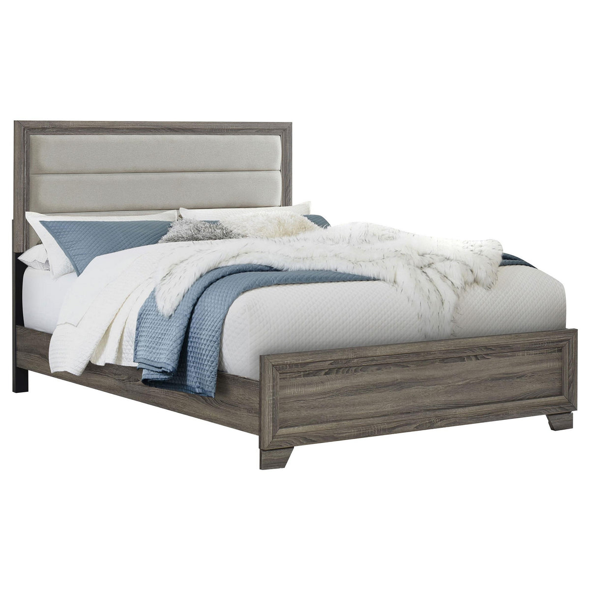 Reay Queen Size Bed, Panel Headboard, Brown Wood Tufted Tan Upholstery