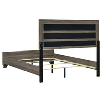Reay Queen Size Bed, Panel Headboard, Brown Wood Tufted Tan Upholstery