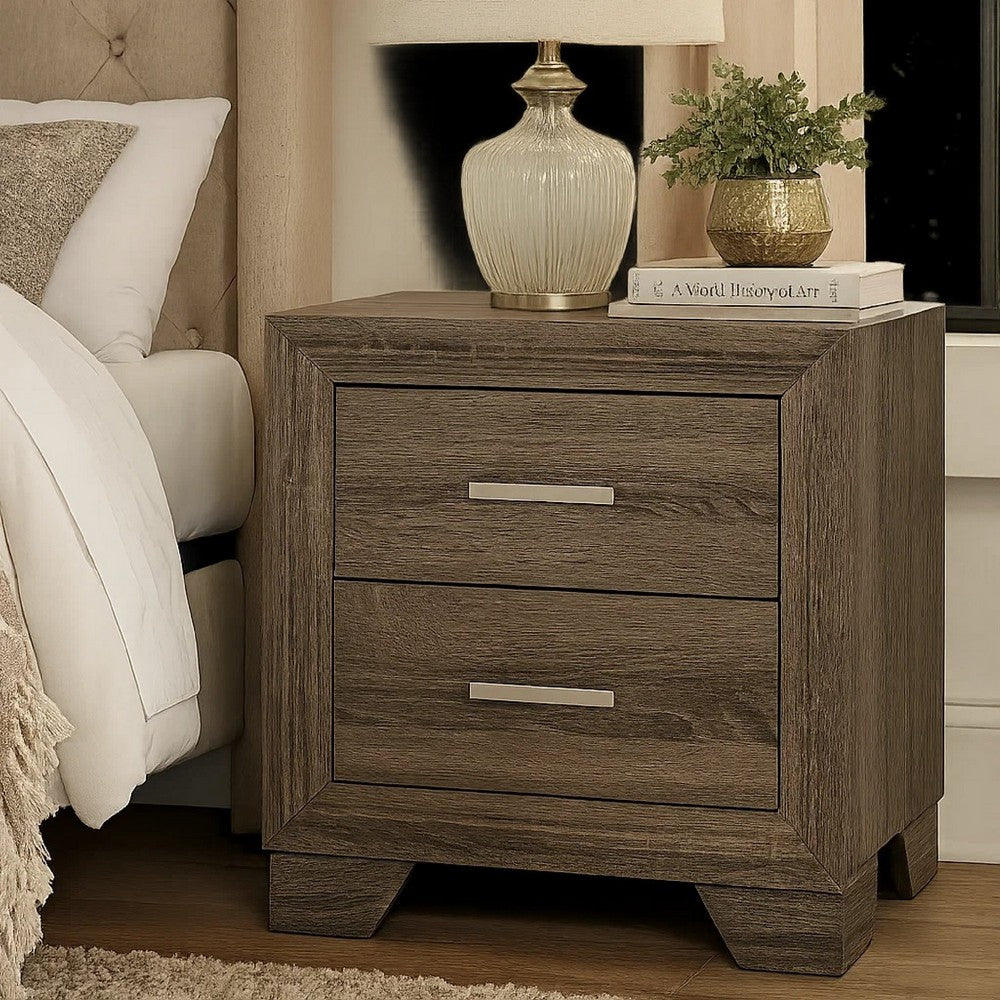 Reay Nightstand, Brown Oak Finish, 2 Drawers Silver Metal Bar Handles -BM328819