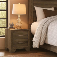 Reay Nightstand, Brown Oak Finish, 2 Drawers Silver Metal Bar Handles -BM328819