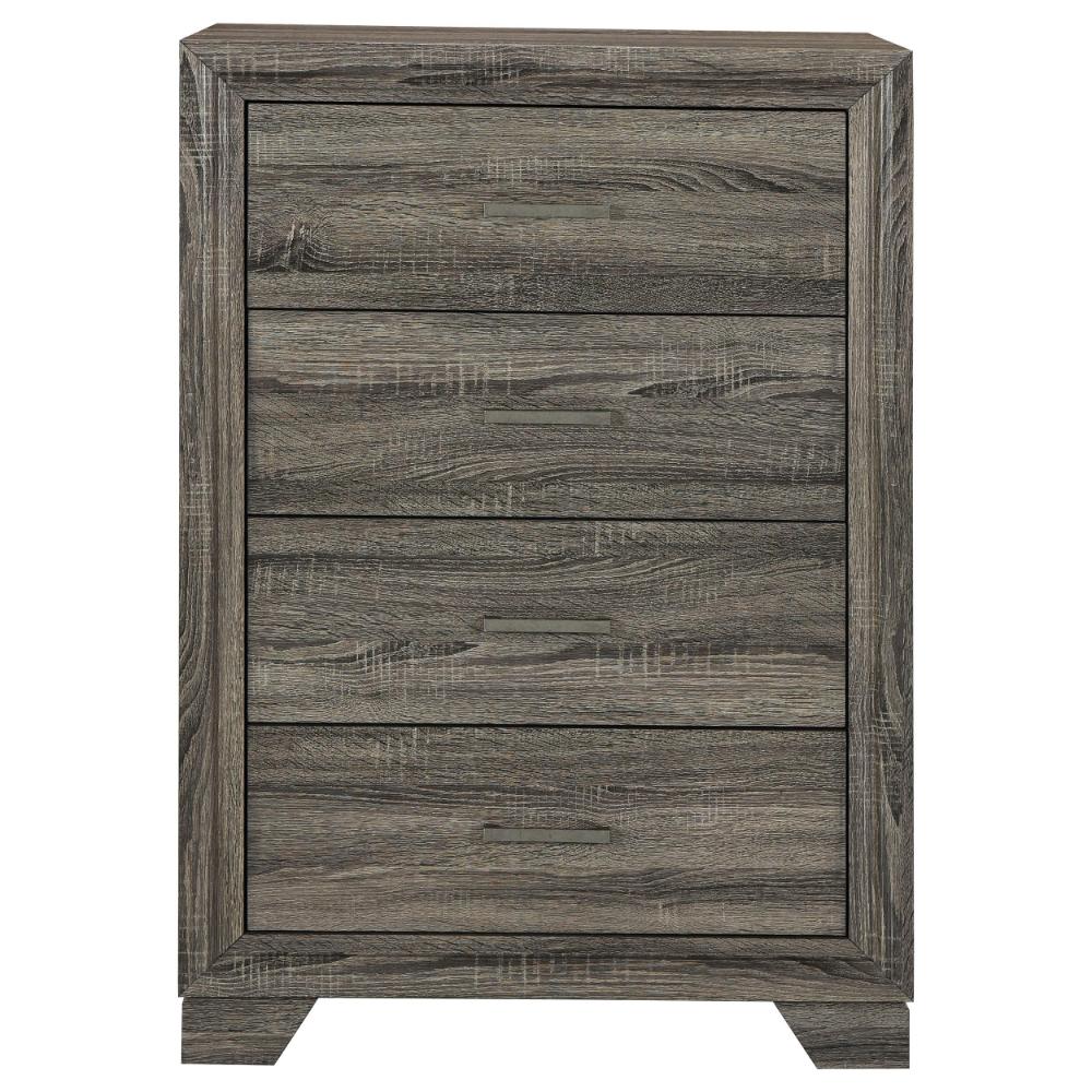 Benzara Reay Tall Dresser Chest, Brown Oak, 4 Drawers Silver Metal handles -| BM328821