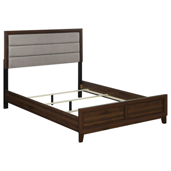 Yels Queen Size Bed, Channel Tufted Taupe Upholstery, Dark Brown Wood