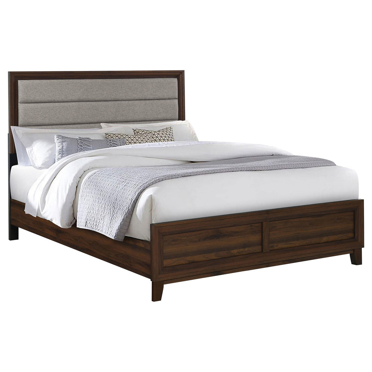 Yels Queen Size Bed, Channel Tufted Taupe Upholstery, Dark Brown Wood