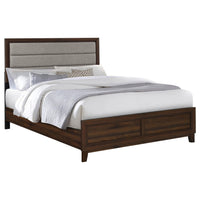 Yels Queen Size Bed, Channel Tufted Taupe Upholstery, Dark Brown Wood