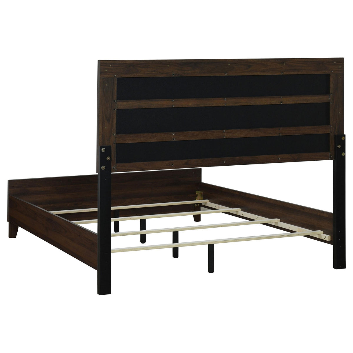 Yels Queen Size Bed, Channel Tufted Taupe Upholstery, Dark Brown Wood