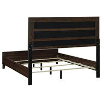 Yels Queen Size Bed, Channel Tufted Taupe Upholstery, Dark Brown Wood