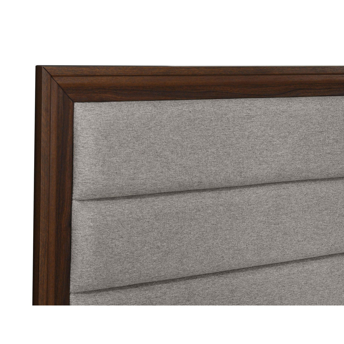 Yels Queen Size Bed, Channel Tufted Taupe Upholstery, Dark Brown Wood