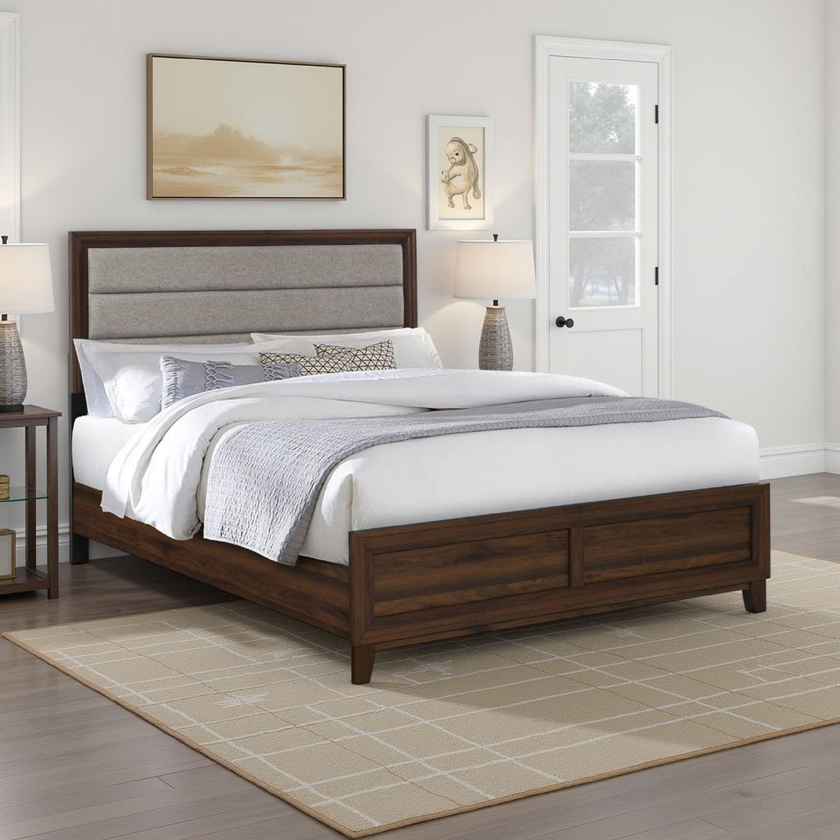 Yels Queen Size Bed, Channel Tufted Taupe Upholstery, Dark Brown Wood