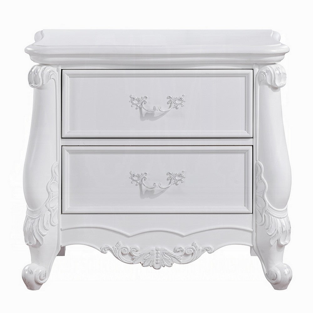 Maver Nightstand with 2 Drawers Scrolled Details, 32 Inch White Wood -BM328825