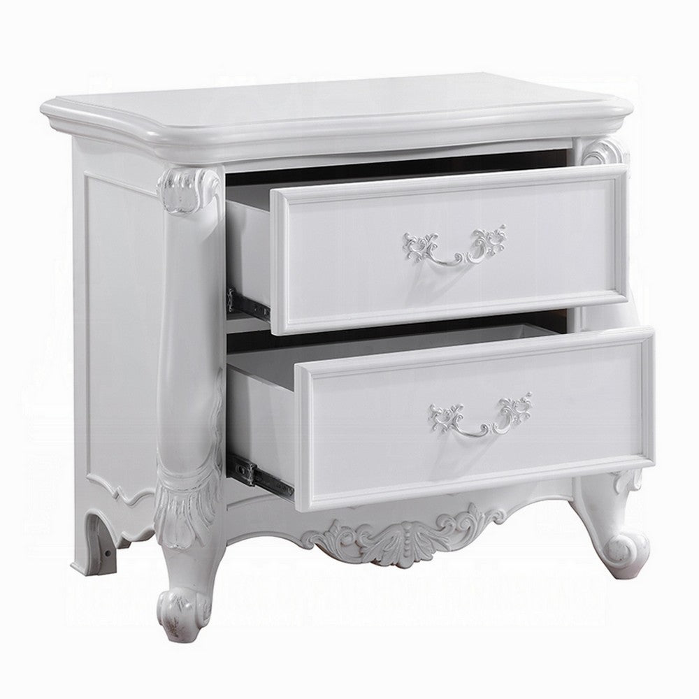 Maver Nightstand with 2 Drawers Scrolled Details, 32 Inch White Wood -BM328825
