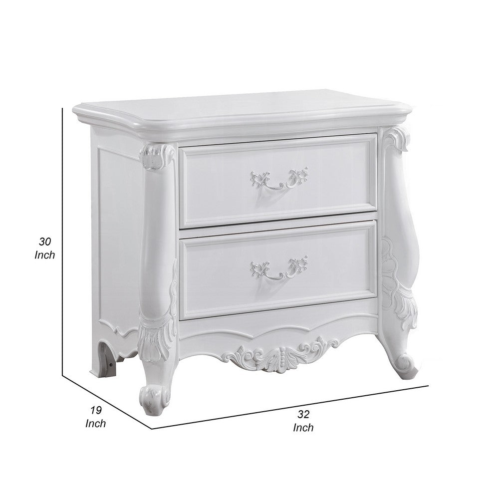 Maver Nightstand with 2 Drawers Scrolled Details, 32 Inch White Wood -BM328825