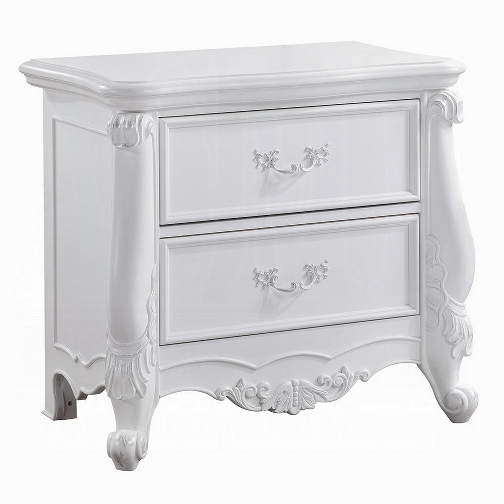 Maver Nightstand with 2 Drawers Scrolled Details, 32 Inch White Wood -BM328825