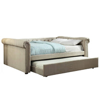 Leap Queen Daybed with Trundle, Button Tufting, Beige Linen Upholstery - BM328856