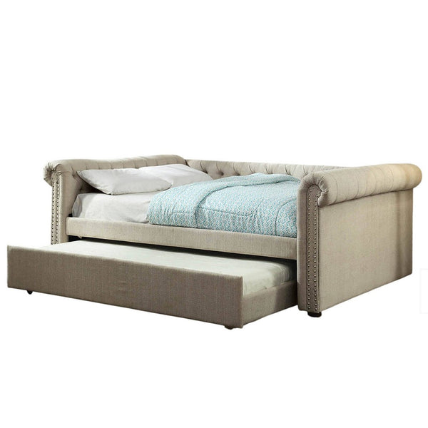 Leap Queen Daybed with Trundle, Button Tufting, Beige Linen Upholstery - BM328856