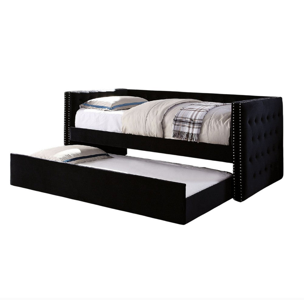 Suzo Daybed with Trundle, Black Flannelette Upholstery, Nailhead Trim - BM328859