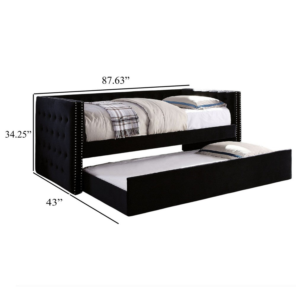 Suzo Daybed with Trundle, Black Flannelette Upholstery, Nailhead Trim - BM328859