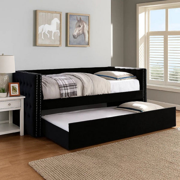 Suzo Daybed with Trundle, Black Flannelette Upholstery, Nailhead Trim - BM328859