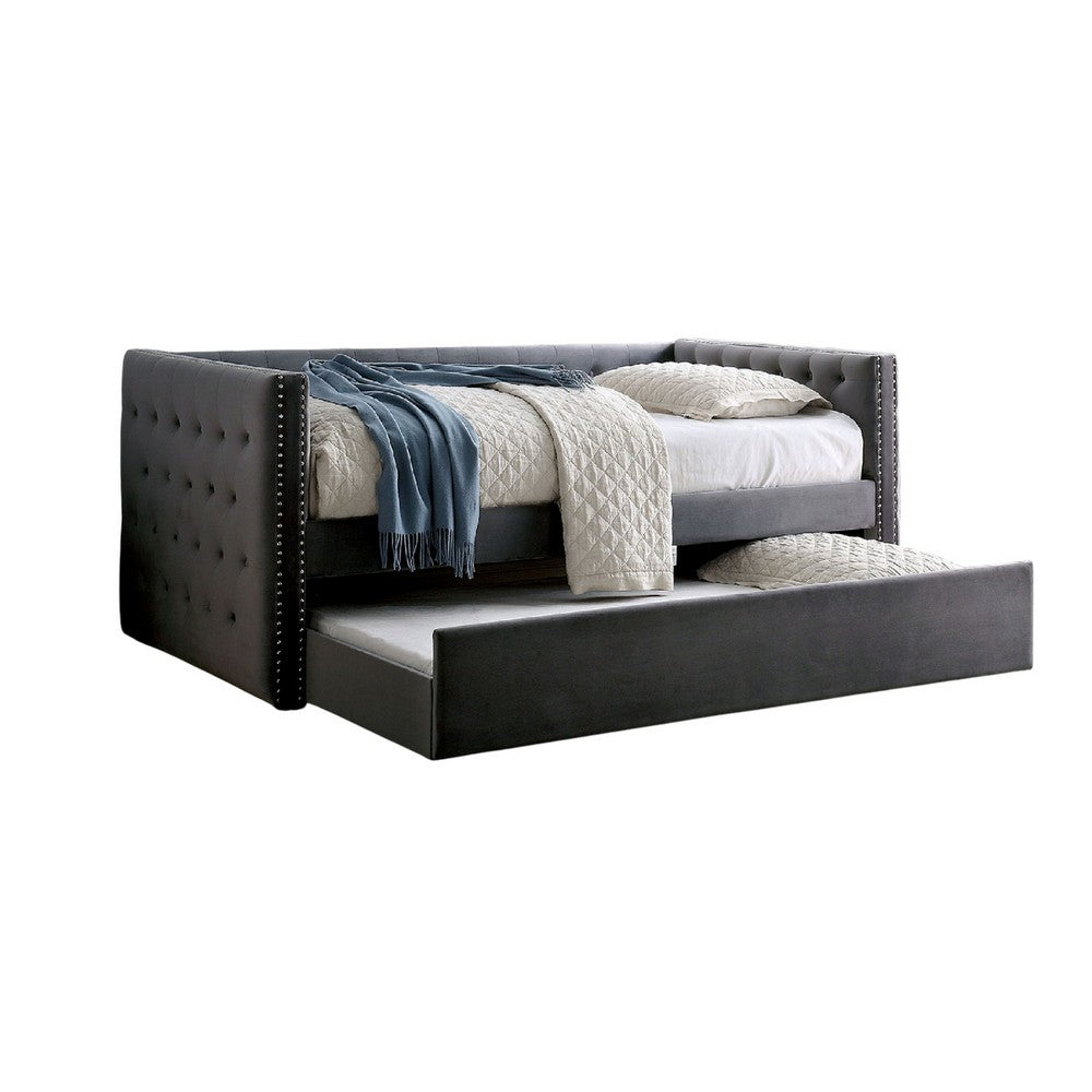 Suzo Daybed with Trundle, Gray Flannelette Upholstery, Nailhead Trim - BM328860